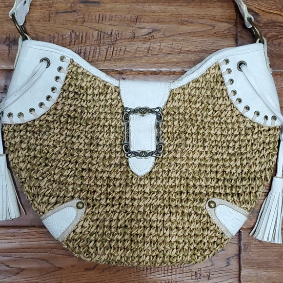 White Faux Leather & Straw Boho Shoulder Bag - Picture 2 of 15